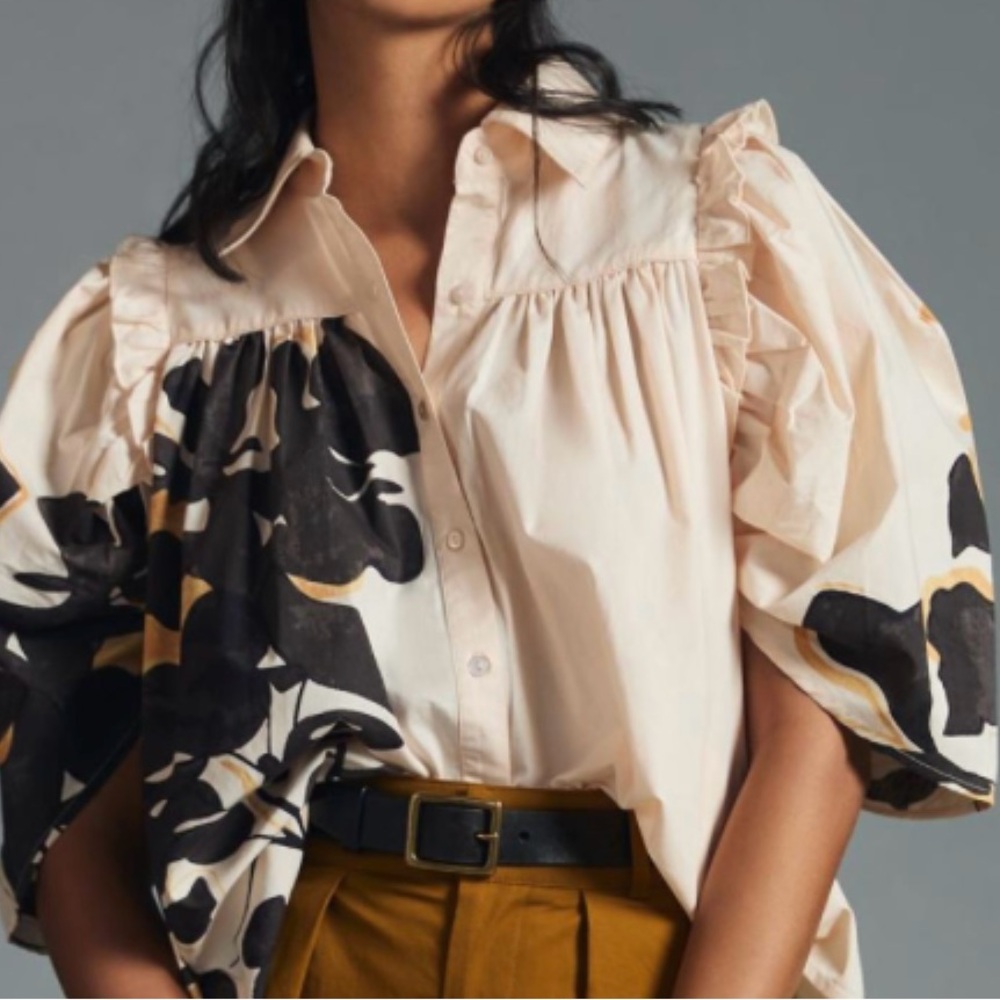 Anthropologie Cream Puff-Sleeve Button Shirt with Black & Mustard Floral